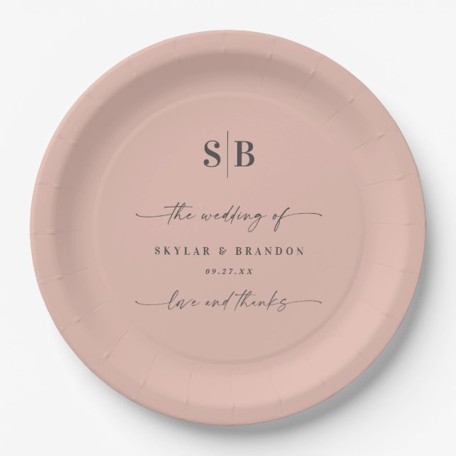 Simple Solid Color Blush Pink Monogrammed Wedding Paper Plates (Front)