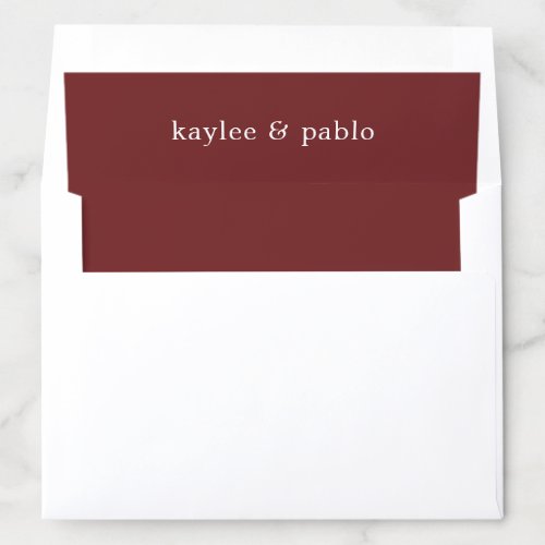 Simple Solid Color Burgundy White Names Wedding Envelope Liner