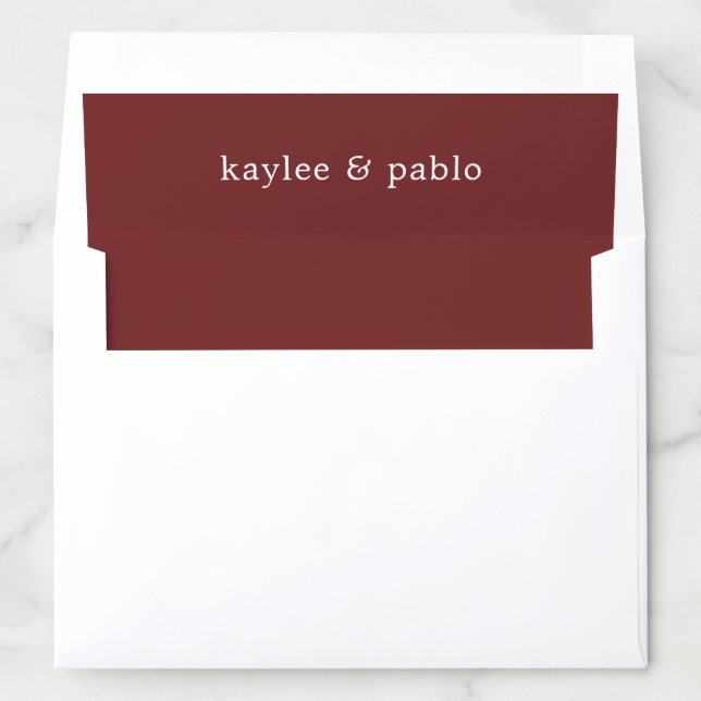 Simple Solid Color Burgundy White Names Wedding Envelope Liner (In Envelope)