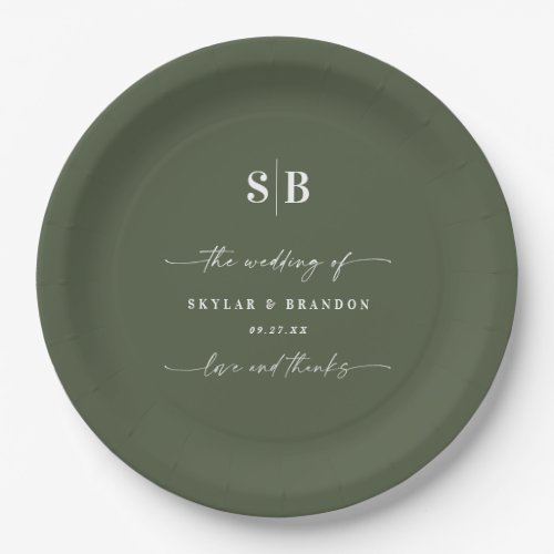Simple Solid Color Dark Green Monogrammed Wedding Paper Plates