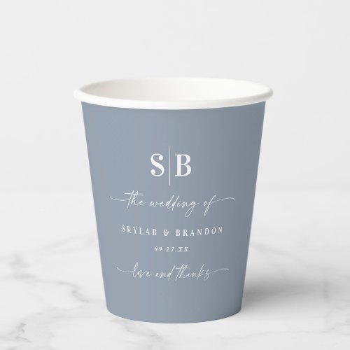 Simple Solid Color Dusty Blue Wedding Monogram Paper Cups