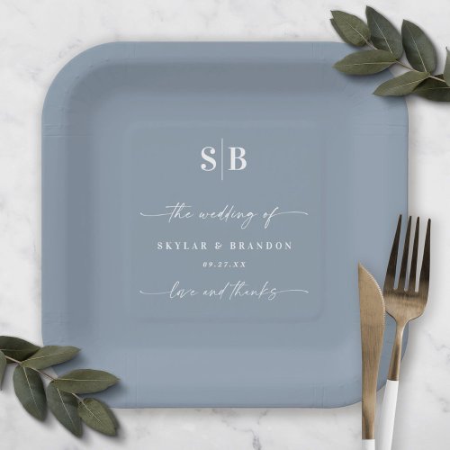 Simple Solid Color Dusty Blue Wedding Monogram Paper Plates