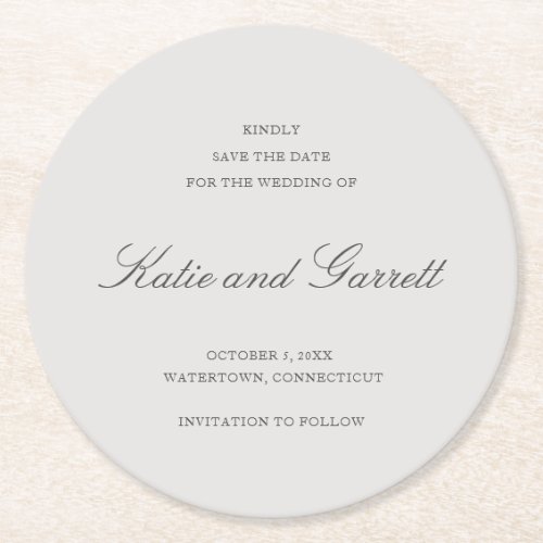 Simple Solid Color Gray Save the Date Round Paper Coaster
