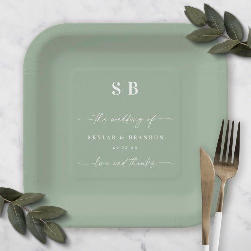 Simple Solid Color Leaf Green Wedding Monogram Paper Plates