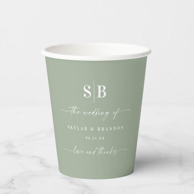 Simple Solid Color Light Green Wedding Monogram Paper Cups (Front)