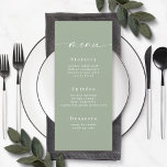 Simple Solid Color Light Leaf Green Wedding Menu<br><div class="desc">Simple Solid Color Light Leaf Green Wedding Menu. This modern chic Menu Card is simple classic and elegant with a plain solid color background and a pretty signature script calligraphy font with tails. Shown in the new Colorway. With a pretty monogram on the back side. Available in several color options,...</div>