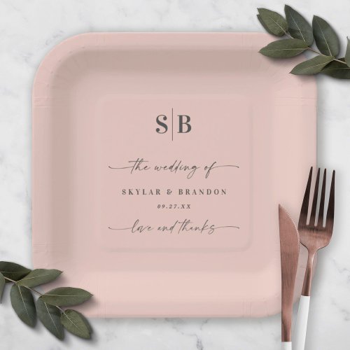 Simple Solid Color Light Pink Wedding Monogram  Paper Plates