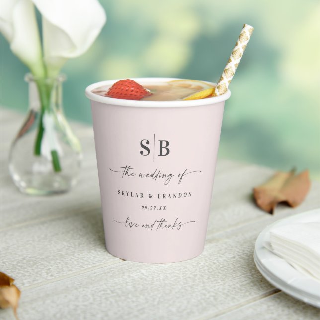 Simple Solid Color Powder Pink Monogrammed Wedding Paper Cups (Insitu)
