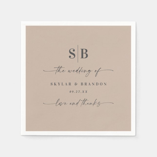 Simple Solid Color Taupe Beige Monogrammed Wedding Napkins (Front)