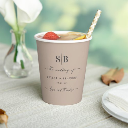 Simple Solid Color Taupe Beige Monogrammed Wedding Paper Cups