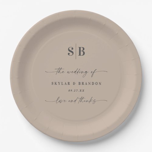 Simple Solid Color Taupe Beige Monogrammed Wedding Paper Plates