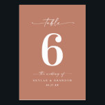 Simple Solid Color Terracotta Clay Orange Wedding Table Number<br><div class="desc">Simple Solid Color Terracotta Clay Orange Wedding Dinner Table Numbers. This modern chic Table Card is simple classic and elegant with a plain solid background color and a pretty signature script calligraphy font with tails. Shown in the Chic Terracotta Orange Clay Colorway. Available in several color options, or feel free...</div>