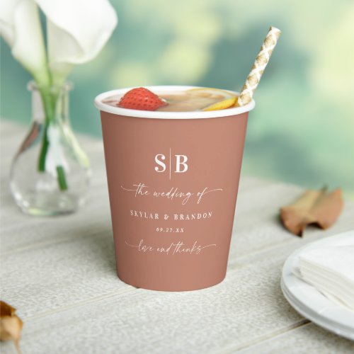 Simple Solid Color Terracotta Monogrammed Wedding Paper Cups