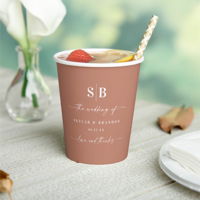 Simple Solid Color Terracotta Monogrammed Wedding Paper Cups (Insitu)