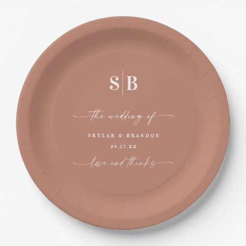 Simple Solid Color Terracotta Monogrammed Wedding Paper Plates