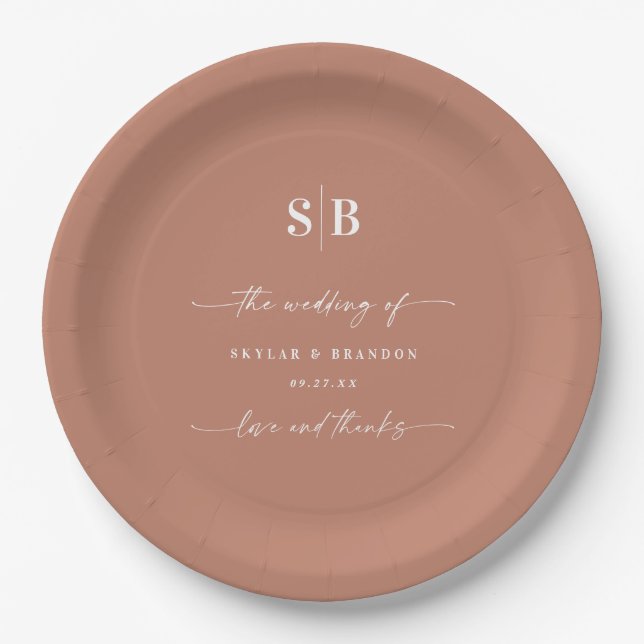 Simple Solid Color Terracotta Monogrammed Wedding Paper Plates (Front)