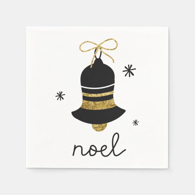 Simple sophisticated black gold bell noel festive  napkins (Front)