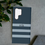 Simple Sophisticated Navy and Dusty Blue Monogram Samsung Galaxy S22 Ultra Case<br><div class="desc">Where sophistication meets personalization. This sleek phone case is modern and aesthetic with a navy blue background and trendy dusty blue stripes. Customizable with your name or initials.</div>