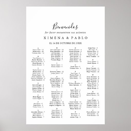 Simple Spanish Alphabetical Seating Chart Zazzle