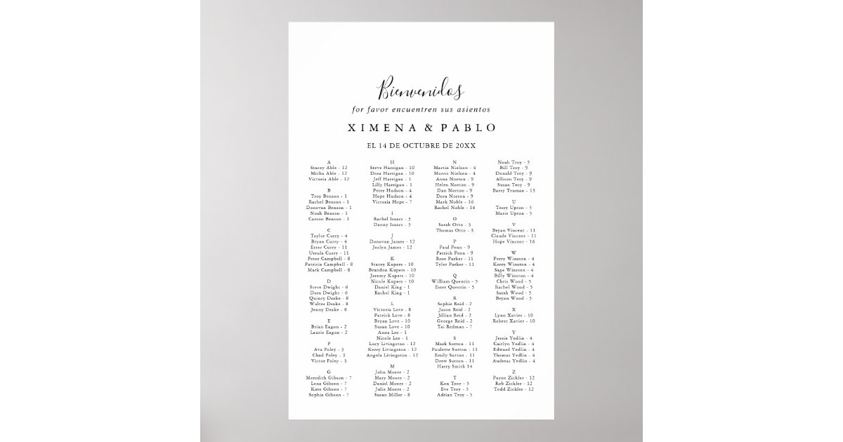 Simple Spanish Alphabetical Seating Chart Zazzle