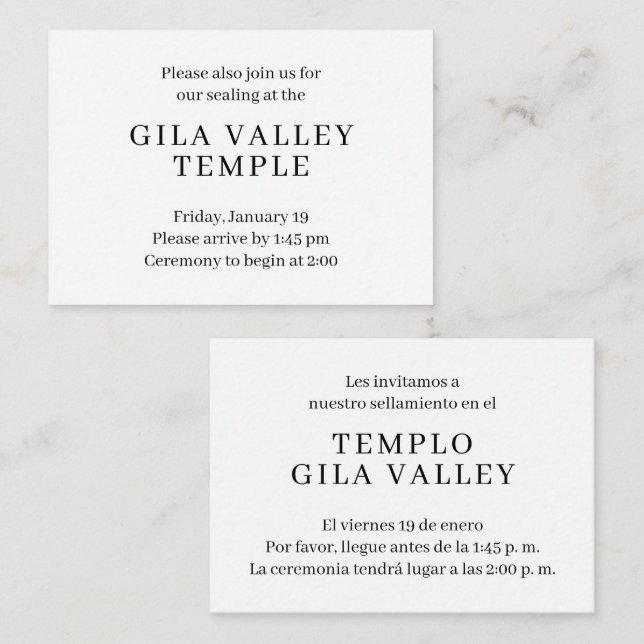 Simple Spanish-English Temple Sealing Invitation (Front/Back)