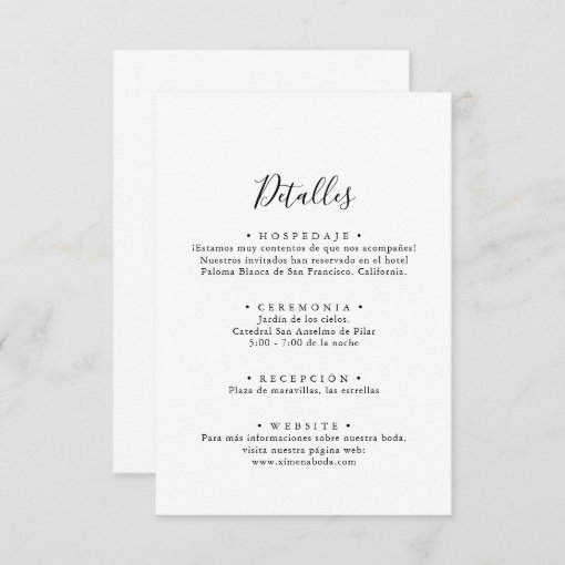 Simple Spanish Wedding Details Enclosure Card | Zazzle