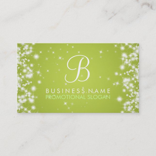 Simple Sparkle Monogram Lime Green Business Card (Front)
