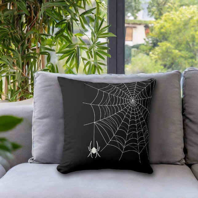 Simple Spider Web And Spider Black Halloween Throw Pillow (This image is a digital mockup.)