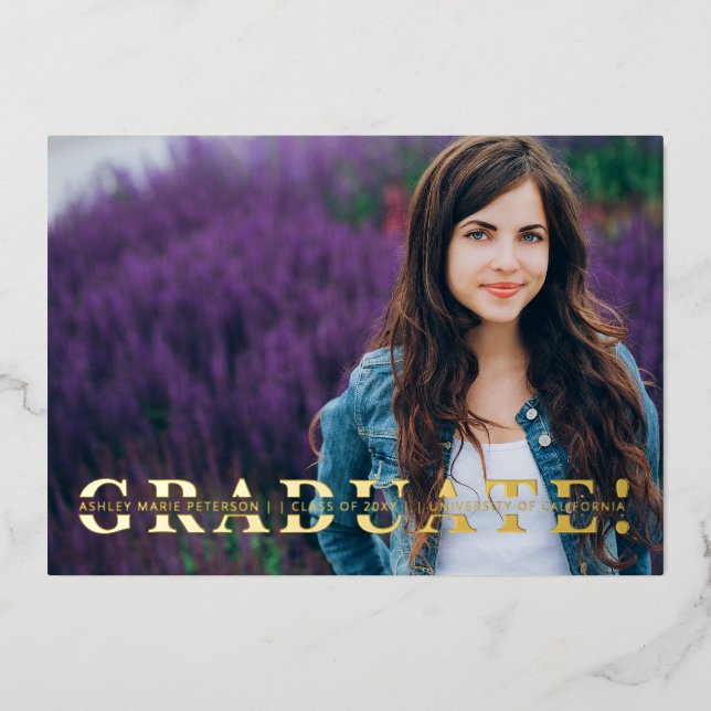 Simple Split Gold Script Photo Graduation   Foil I Invitation (Front)