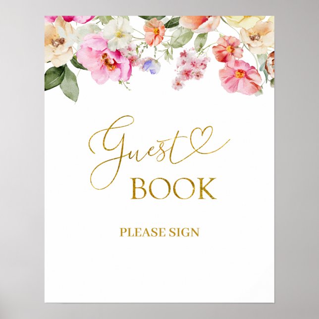 Simple Spring Floral Guest Book Party Sign (Front)