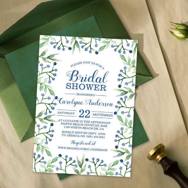 Simple Spring Foliage Blueberries Bridal Shower Invitation (Creator Uploaded)
