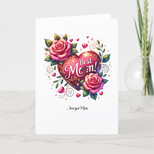 Simple spring roses wreath red heart Best Mom Holiday Card