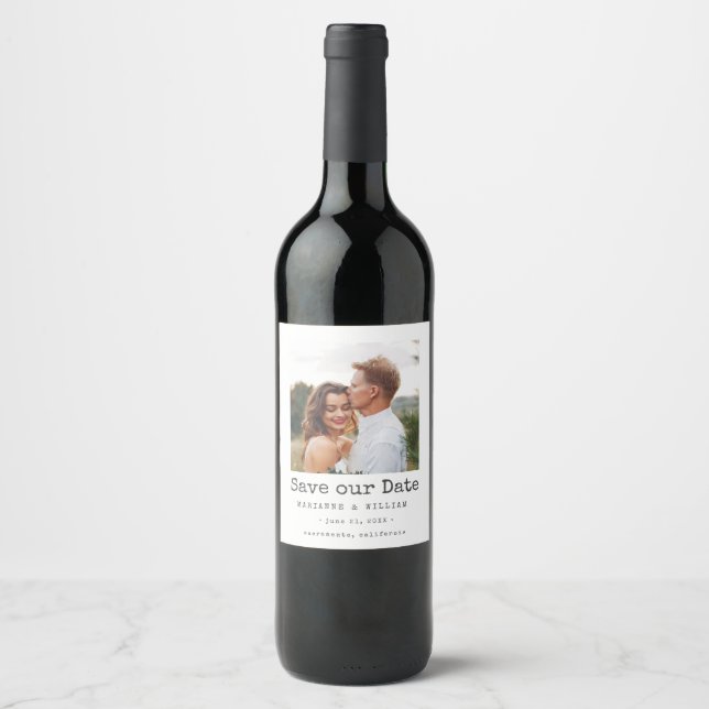 Simple SQUARE Photo wedding save the date Wine Label (Front)
