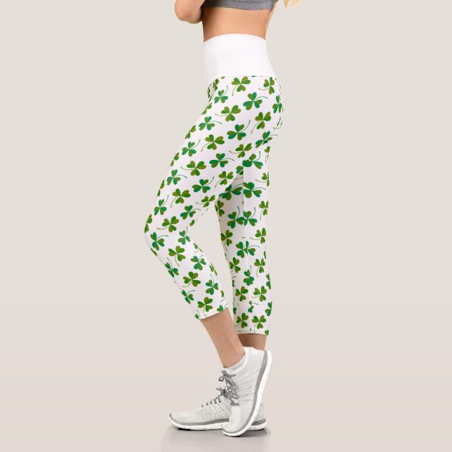 Simple St Patrick's Day Shamrock Pattern - Green Capri Leggings (Left)