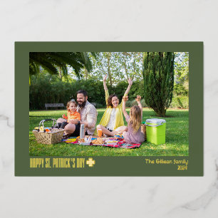 Simple St patricks day Shamrocks family photo Foil Holiday Card