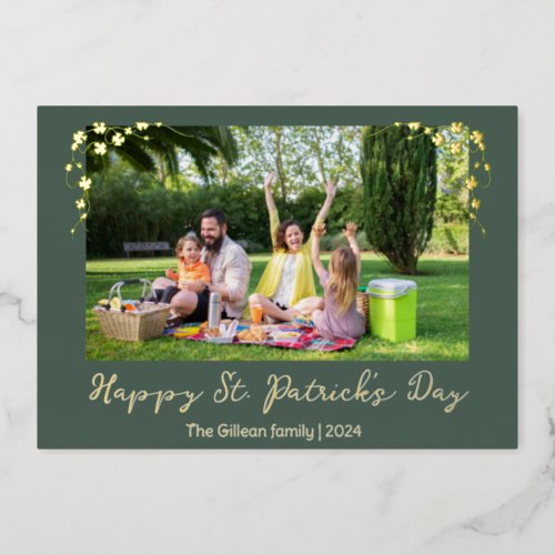 Simple St patricks day Shamrocks family photo Foil Holiday Card