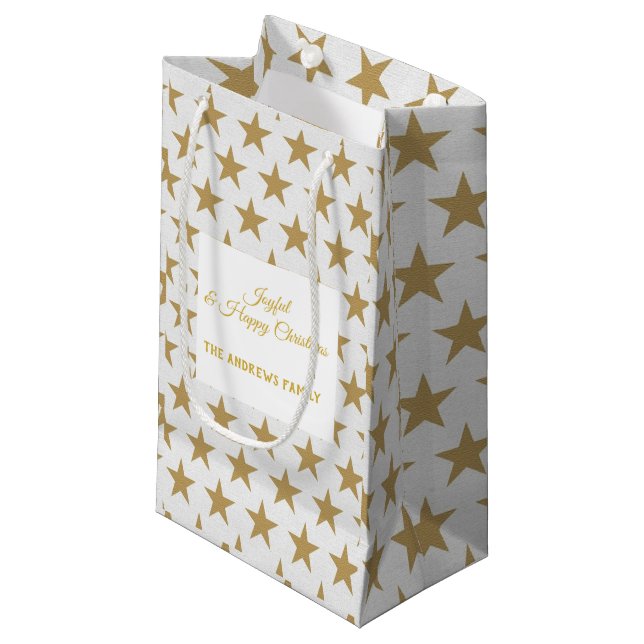Simple Star Gold and White Christmas Gift Bag (Front Angled)