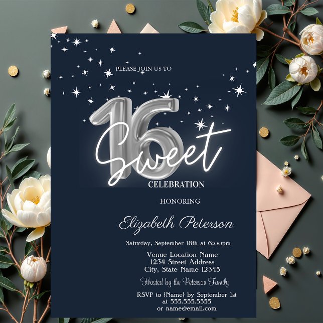 Simple Stars Navy Blue Sweet 16  Invitation (Creator Uploaded)