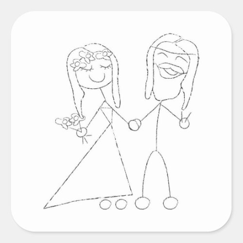 Simple Stick Drawing of Bride and Groom Square Sticker