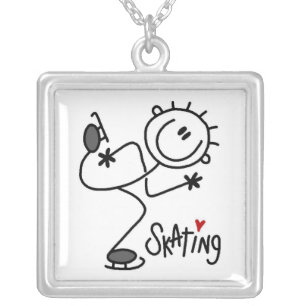 Simple Stick Figure Ice Skating T-shirts and Gifts Silver Plated Necklace