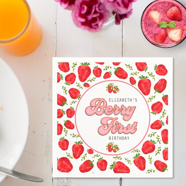 Simple Strawberry Pattern 1st Birthday Berry First Napkins (Creator Uploaded)