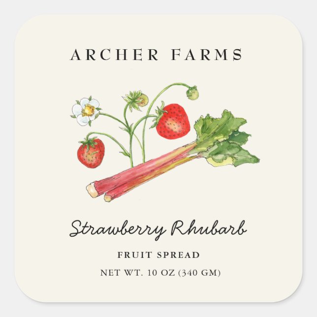 Simple Strawberry Rhubarb square Jam Jar Label (Front)