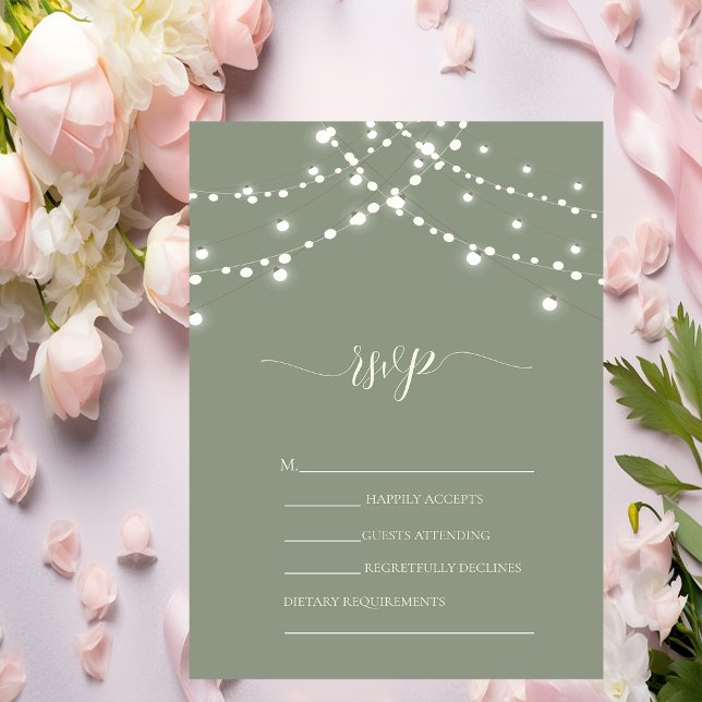 Simple String Lights Sage Green Wedding RSVP   Invitation (Creator Uploaded)
