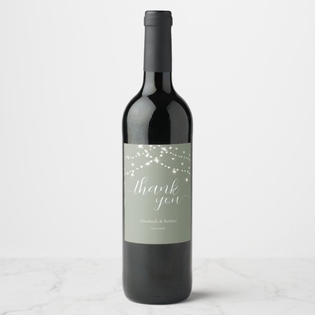 Simple String Lights Sage Green  Wedding Wine Label (Front)
