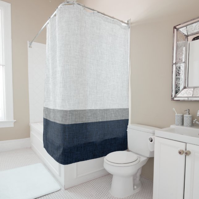Simple Stripe Dark Blue Grey Ash White Shower Curtain (In Situ)