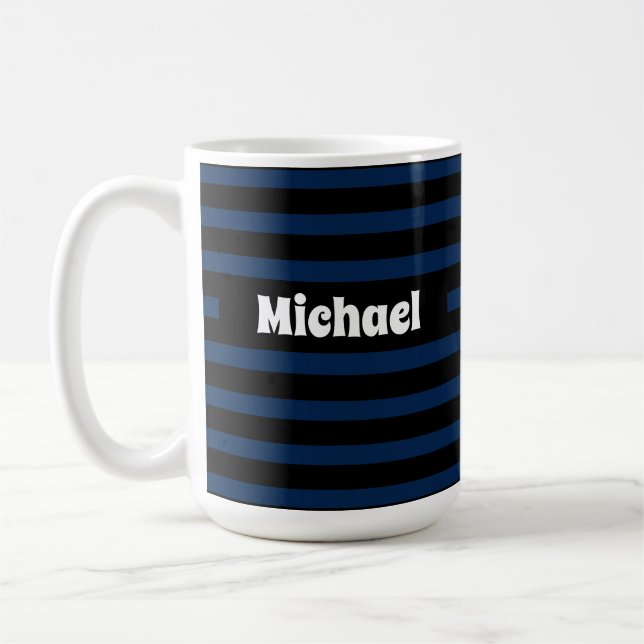 Simple Striped Dark Blue and Black Custom Name Coffee Mug (Left)