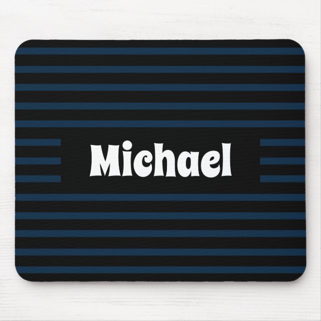 Simple Striped Dark Blue and Black Custom Name Mouse Pad (Front)