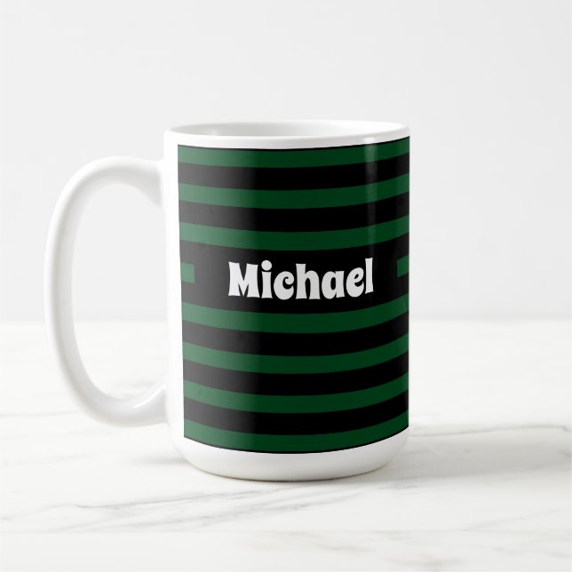 Simple Striped Dark Green and Black Custom Name Coffee Mug (Left)