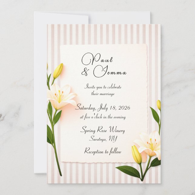Simple Striped Lily Floral Wedding Invitation (Front)