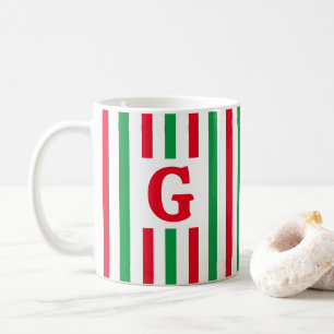 Simple Striped Red and Green Initial Christmas Coffee Mug